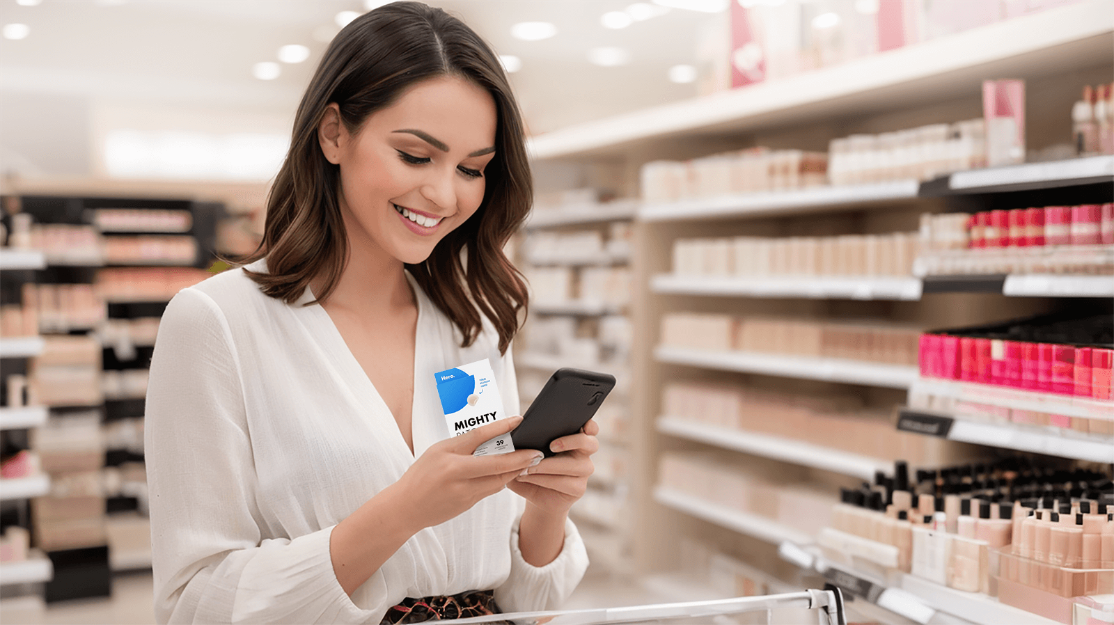 Woman using mobile landing page to learn more about cosmetic while in store